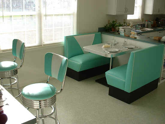 Kitchen Booth: Teal, White, Boomerang Table, Bar Stools